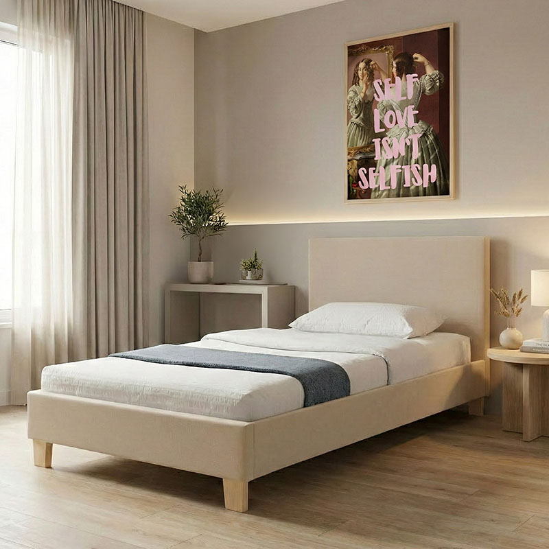 product_pako_006-000067 Κρεβάτι Nevil ύφασμα εκρού με ξύλινο πόδι σε φυσική απόχρωση 90x190εκ - Image 1