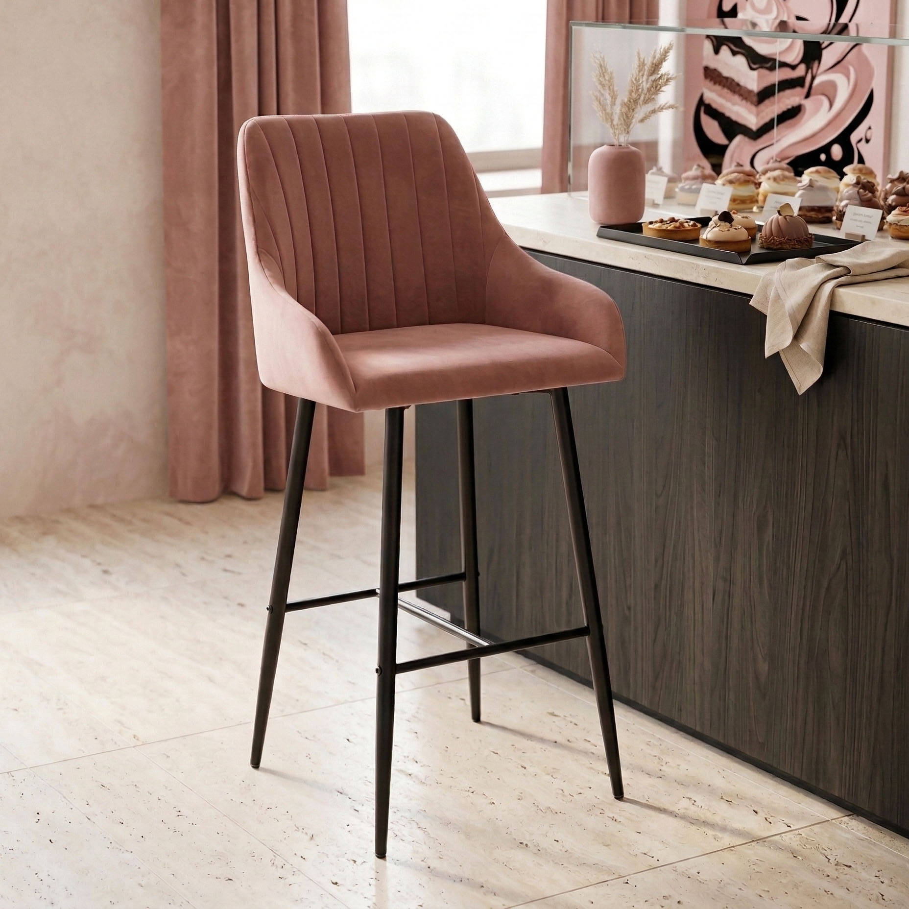 product_pako_029-000171 Σκαμπό bar Patrin μεταλλικό μαύρο-βελούδο σάπιο μήλο (Σετ 2 τεμαχίων) - Image 1