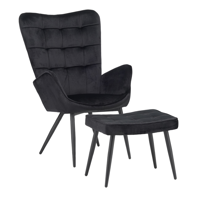 product_pako_029-000217 Πολυθρόνα με υποπόδιο Dorita βελούδο μαύρο-πόδι μαύρο μέταλλο 68.5x76x103εκ - Image 1