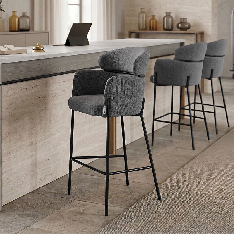 product_pako_029-000254 Σκαμπό μπαρ Tolerse Inart ανοιχτό γκρι ύφασμα-πόδι μαύρο μέταλλο (Σετ 2 τεμαχίων) - Image 1