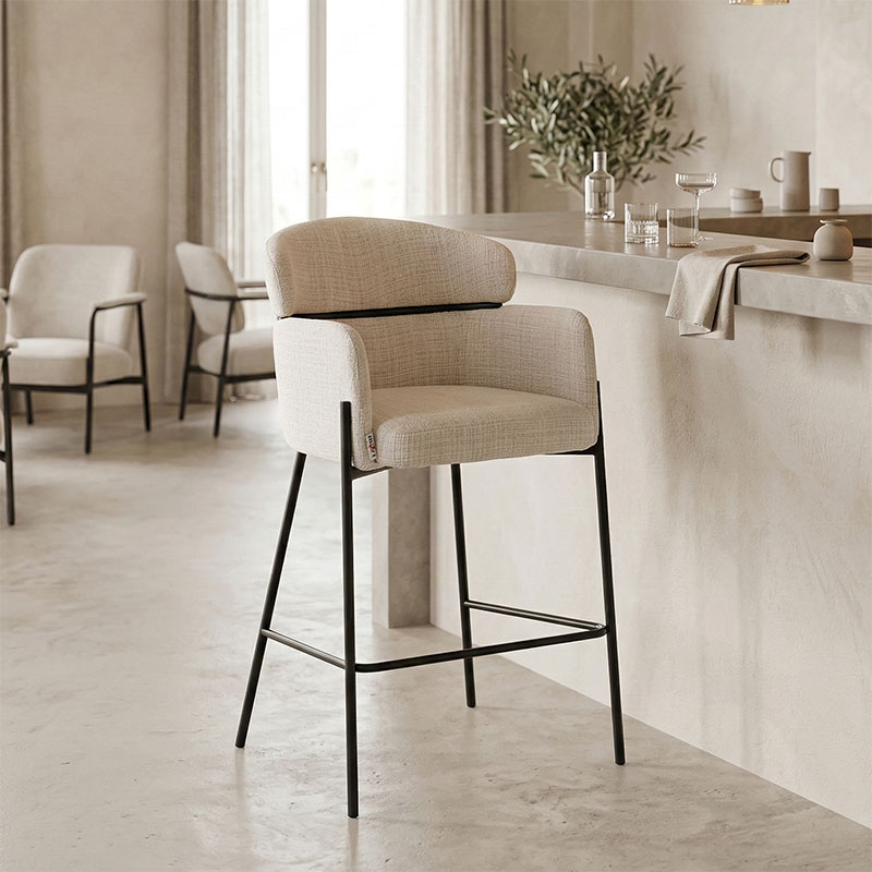 product_pako_029-000255 Σκαμπό μπαρ Tolerse Inart μπεζ ύφασμα-πόδι μαύρο μέταλλο (Σετ 2 τεμαχίων) - Image 1
