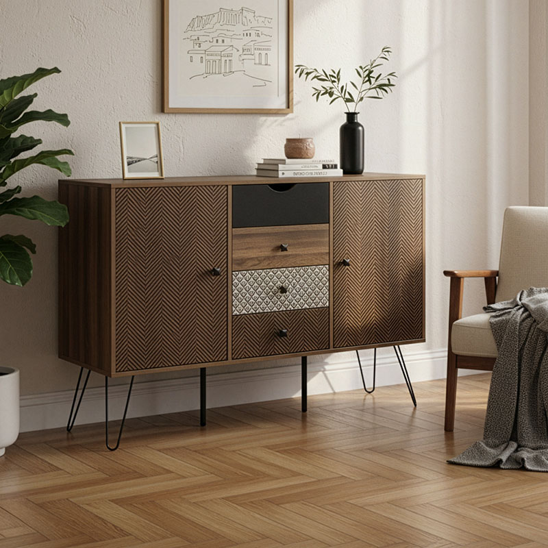 product_pako_066-000006 Μπουφές Boho με τέσσερα συρτάρια καρυδί μεταλλικά πόδια 122x39,5x86εκ - Image 1