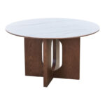 Τραπέζι Merge sintered stone-mdf σε λευκό μαρμάρου με καρυδί βάση Φ130x75εκ