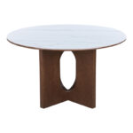 Τραπέζι Merge sintered stone-mdf σε λευκό μαρμάρου με καρυδί βάση Φ130x75εκ - Image 3