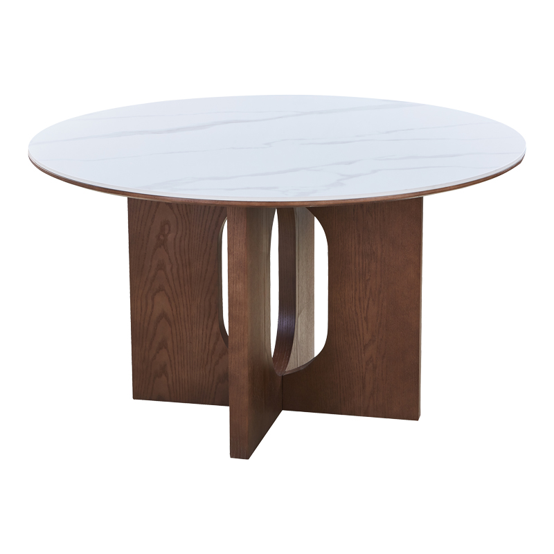 product_pako_072-000171 Τραπέζι Merge sintered stone-mdf σε λευκό μαρμάρου με καρυδί βάση Φ130x75εκ - Image 1