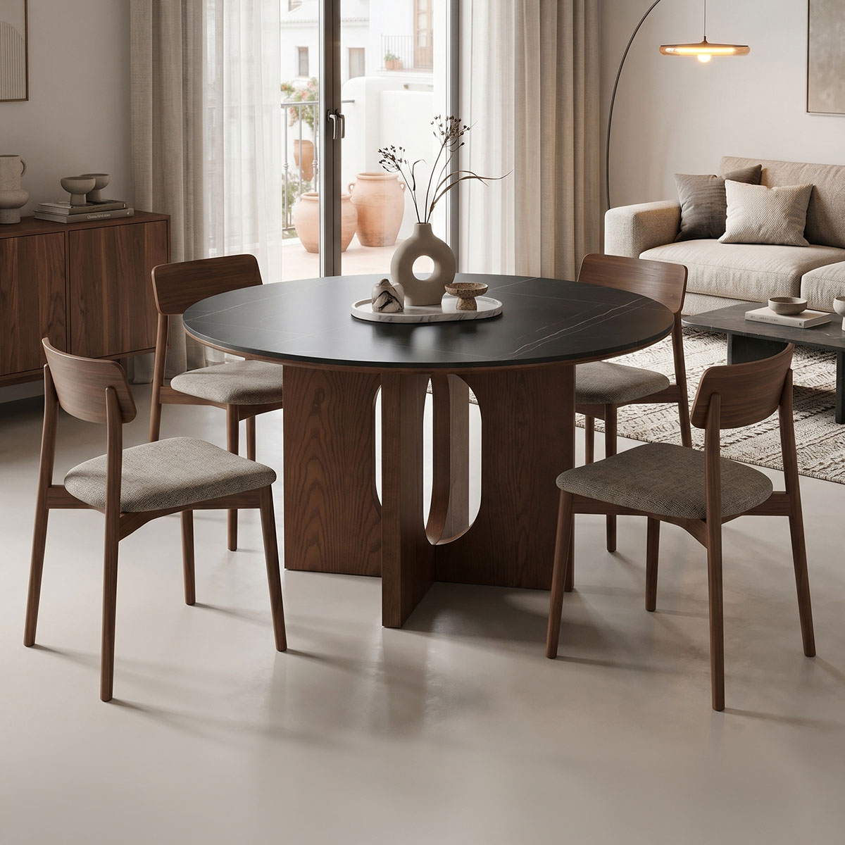 product_pako_072-000172 Τραπέζι Merge sintered stone-mdf σε μαύρο μαρμάρου με καρυδί βάση Φ130x75εκ - Image 1