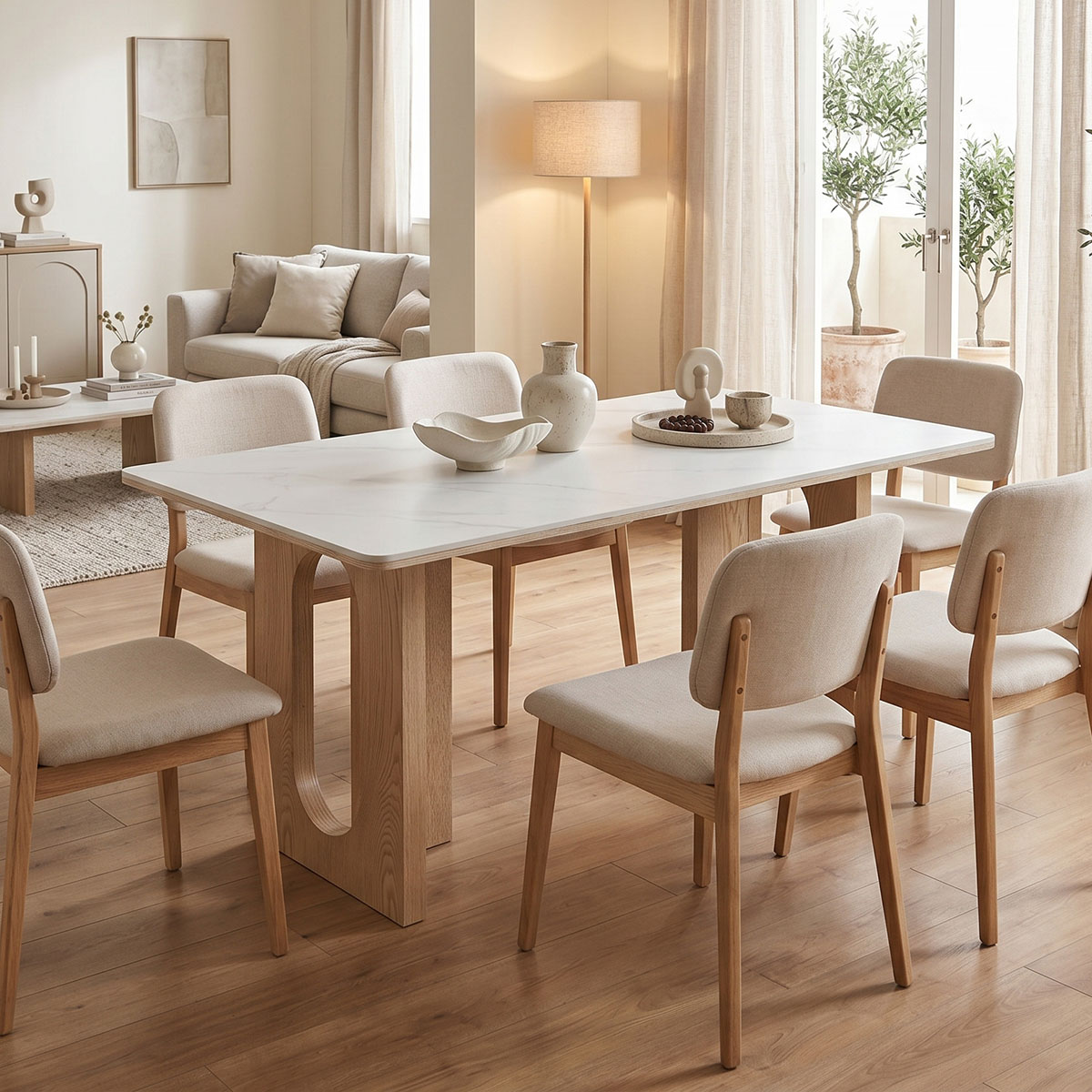 product_pako_072-000173 Τραπέζι Benqui sintered stone-mdf σε λευκό μαρμάρου με βάση σε φυσική απόχρωση 160x90x75εκ - Image 1