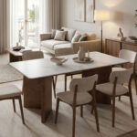 Τραπέζι Versy sintered stone-mdf σε λευκό μαρμάρου με καρυδί βάση 160x90x75εκ