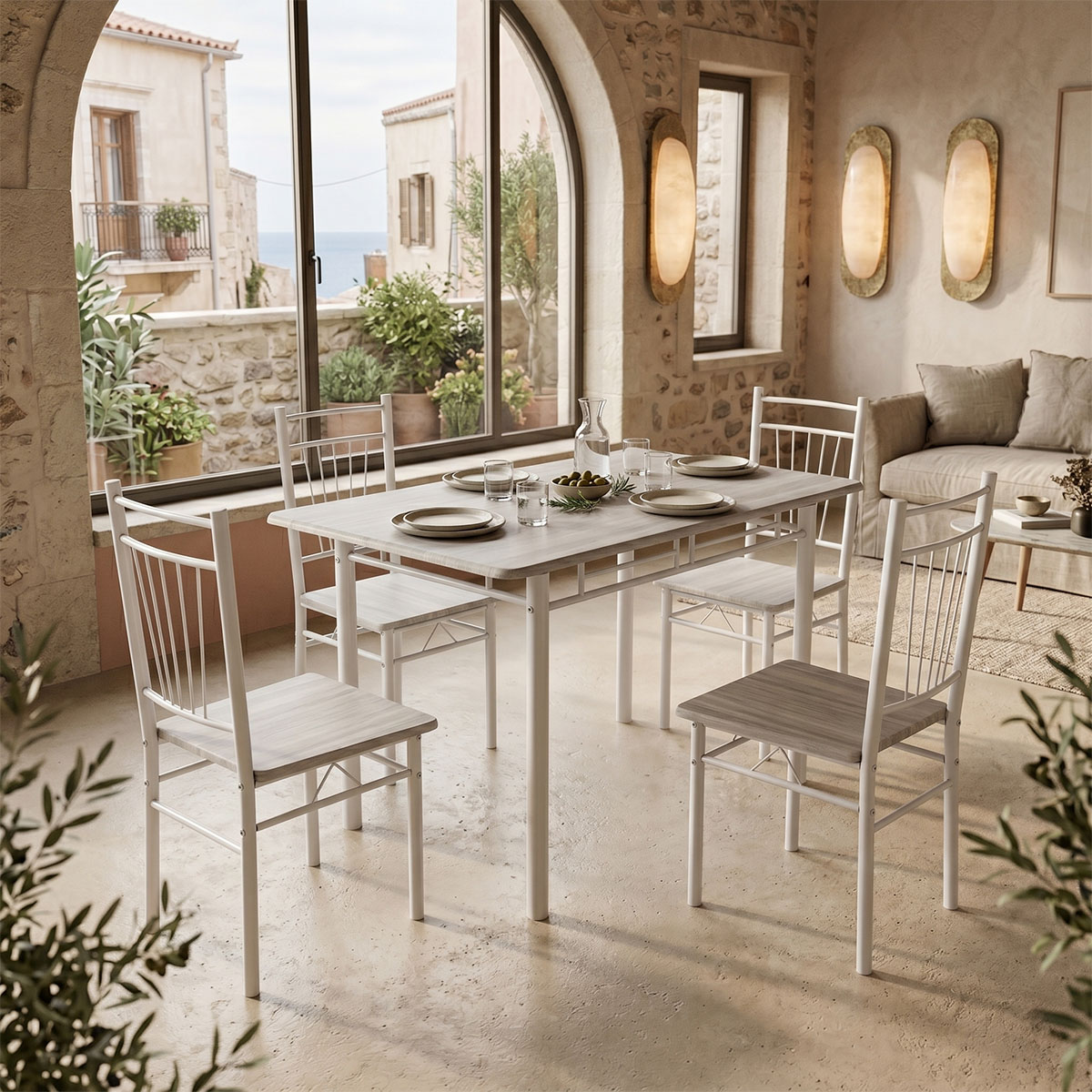 Τραπεζαρία Roza σετ 5τμχ mdf sonoma με μεταλλικό λευκό πόδι 120x65x75εκ