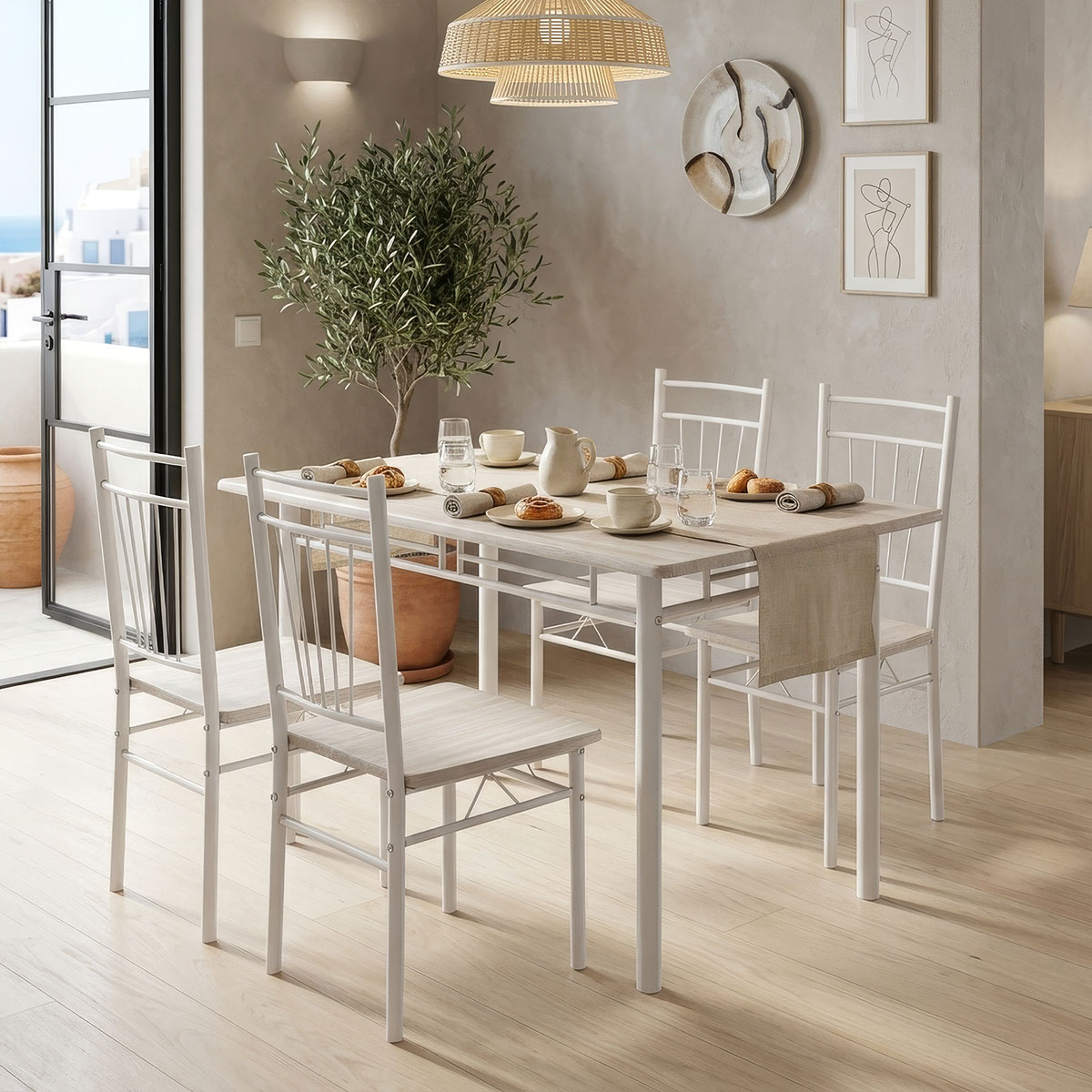 Τραπεζαρία Roza σετ 5τμχ mdf sonoma με μεταλλικό λευκό πόδι 110x60x75εκ