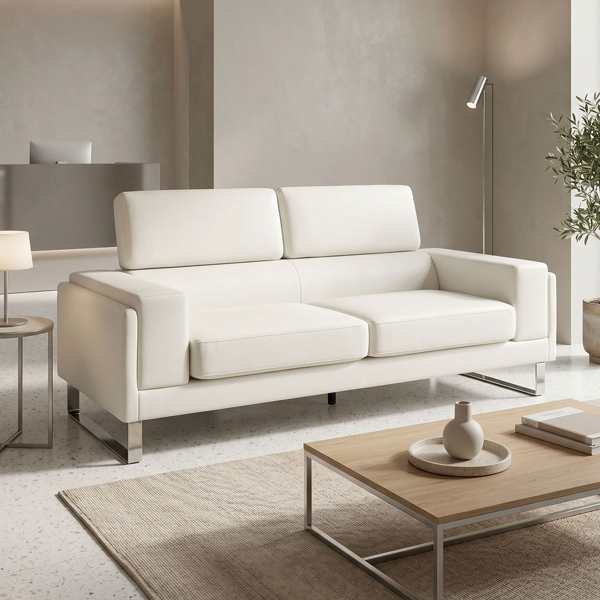 product_pako_074-000008 Καναπές Shea 3θέσιος PU ivory-inox 198x80x87εκ - Image 1