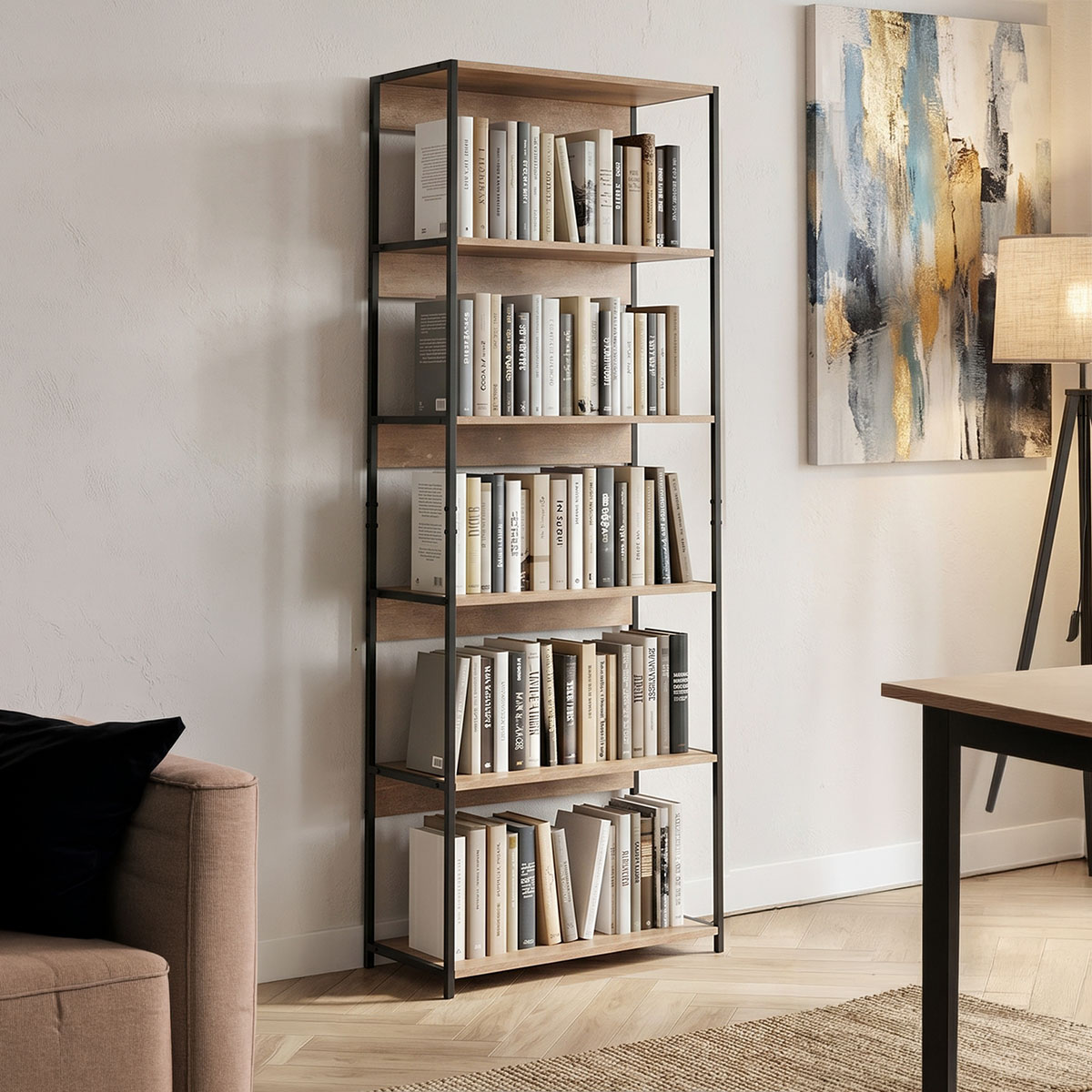 product_pako_085-000040 Βιβλιοθήκη Kaliano oak-μαύρο μέταλλο 59.5x35x176.5εκ - Image 1