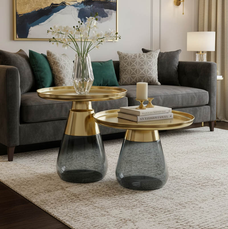 product_pako_101-000124 Τραπέζια σαλονιού Kunlo Inart σετ 2τεμ χρυσό χρώμιο-μαύρο γυαλί - Image 1