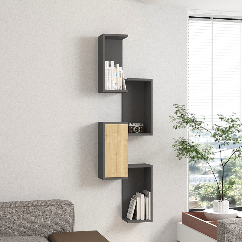 product_pako_120-000555 Ραφιέρα τοίχου Kongo σε oak- ανθρακί απόχρωση 44x20x159εκ - Image 1