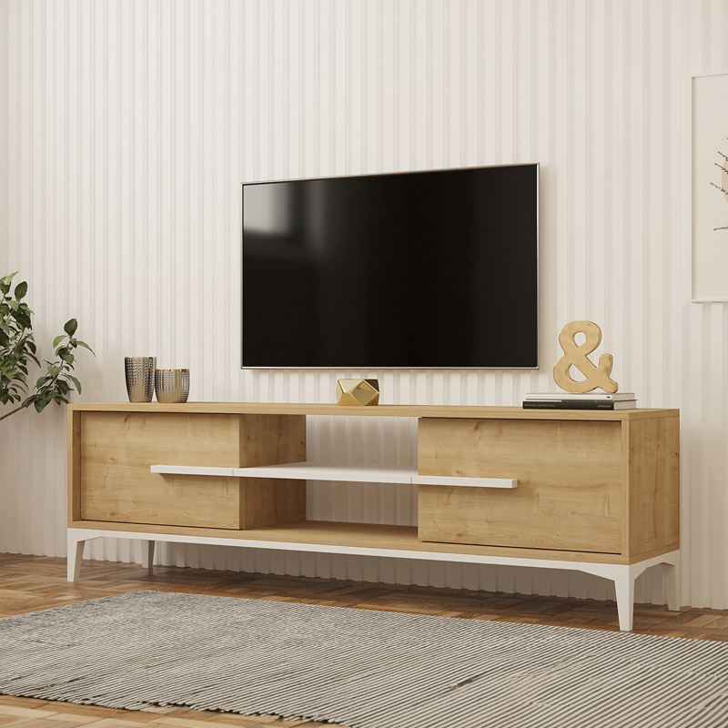 product_pako_120-000676 Έπιπλο τηλεόρασης Eslem σε φυσική απόχρωση με λευκό 160x34,6x48,1εκ - Image 1
