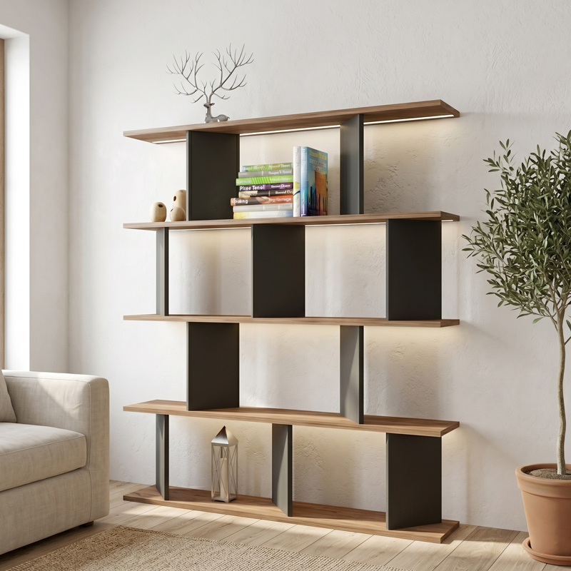 product_pako_120-000677 Βιβλιοθήκη Ratu ανθρακί με oak 120x24,6x141εκ - Image 1