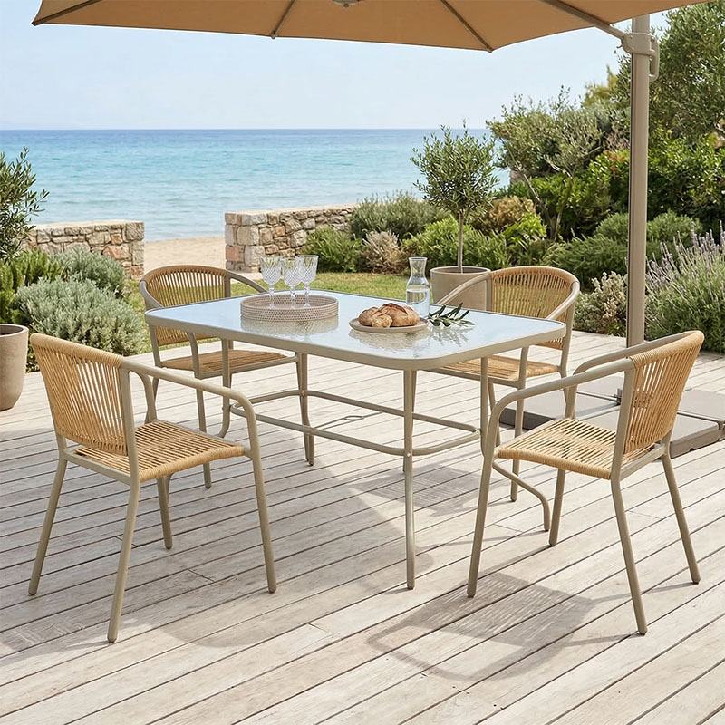 product_pako_130-000176 Τραπεζαρία Valor-Lindaria σετ 5τεμ μέταλλο σε σαμπανιζέ και pe rattan σε φυσική απόχρωση 110x60x70εκ - Image 1