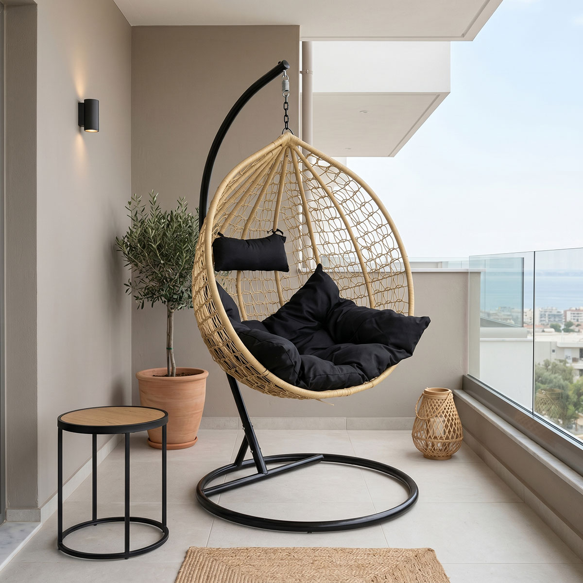 product_pako_135-000025 Κούνια Zafer κρεμαστή pp σε φυσικό χρώμα και μαύρο μέταλλο 106x103x200εκ - Image 1