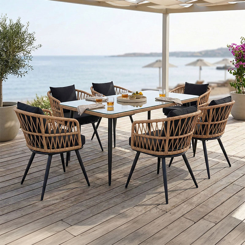 product_pako_140-000063 Τραπεζαρία Naoki σετ 7 τεμ μέταλλο μαύρο-pe φυσικό-γυαλί 160x90x78εκ - Image 1