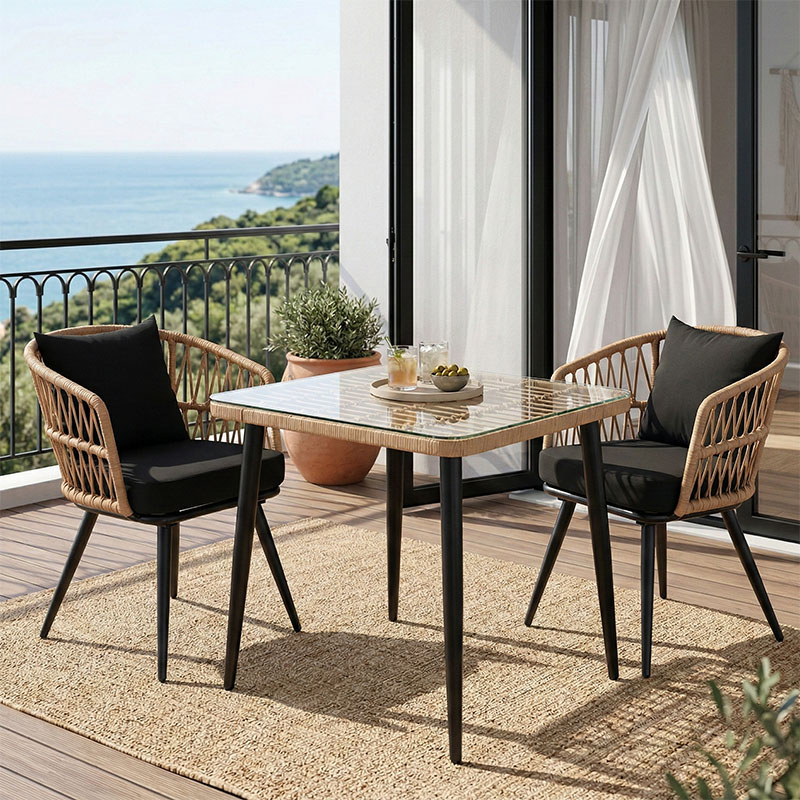 product_pako_140-000065 Τραπεζαρία Naoki σετ 3 τεμ μέταλλο μαύρο-pe φυσικό-γυαλί 80x80x78εκ - Image 1