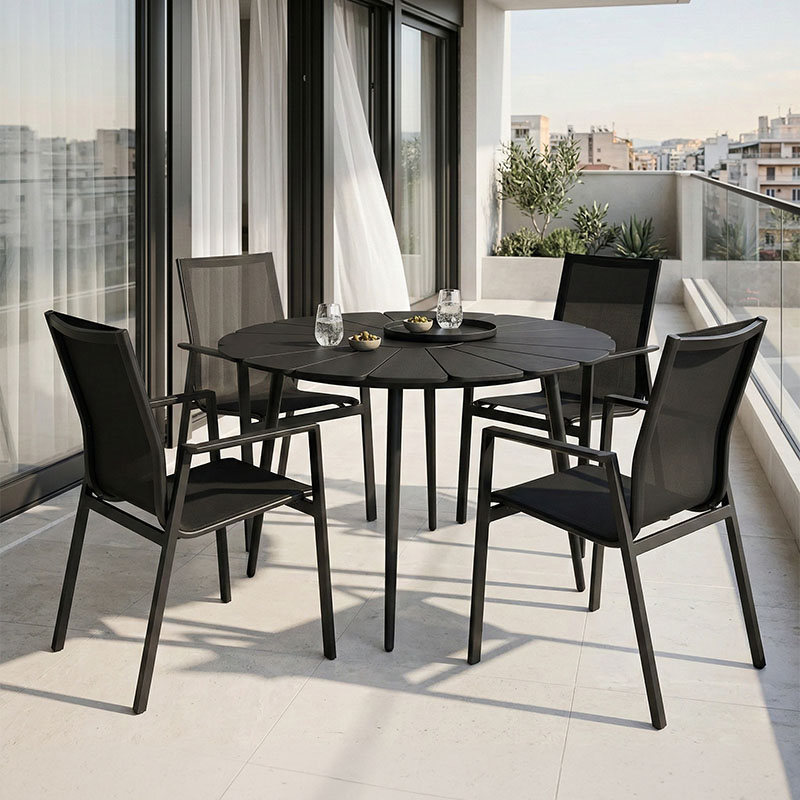 product_pako_152-000099 Τραπεζαρία Pinap-Dashiell σετ 5τεμ μαύρο αλουμίνιο και plywood σε μαύρη απόχρωση Φ110x74εκ - Image 1