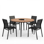 Τραπεζαρία Pinap-Dashiell σετ 5τεμ μαύρο αλουμίνιο και plywood σε φυσική απόχρωση Φ110x74εκ - Image 2