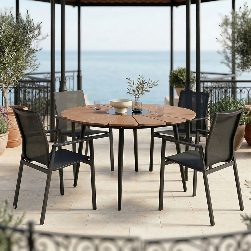 product_pako_152-000100 Τραπεζαρία Pinap-Dashiell σετ 5τεμ μαύρο αλουμίνιο και plywood σε φυσική απόχρωση Φ110x74εκ - Image 1