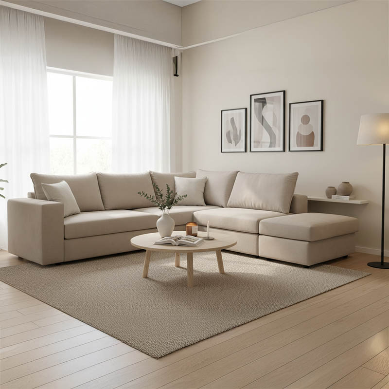 product_pako_168-000064 Πολυμορφικός-αναστρέψιμος καναπές London γκρι-μπεζ ύφασμα με μαξιλάρια σε απόχρωση ανοιχτό γκρι 296x246x95εκ - Image 1