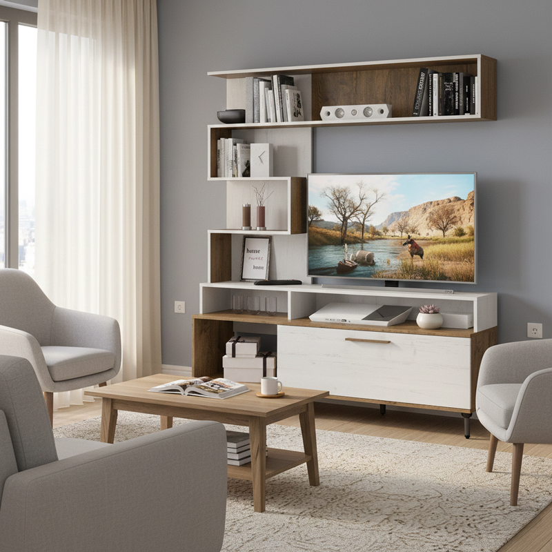 product_pako_173-000058 Σύνθετο σαλονιού Jasper καρυδί-αντικέ λευκό 151.5x37.5x169.5εκ - Image 1