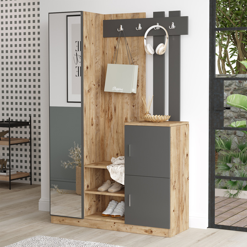 product_pako_176-000220 Έπιπλο εισόδου Saron με καθρέπτη σε oak-ανθρακί απόχρωση 113,6x37,5x180εκ - Image 1