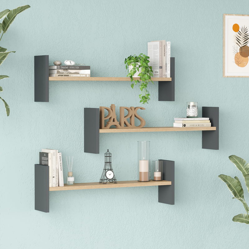 product_pako_176-000236 Ραφιέρα τοίχου Mento oak με ανθρακί 75,6x14,5x23,6εκ - Image 1
