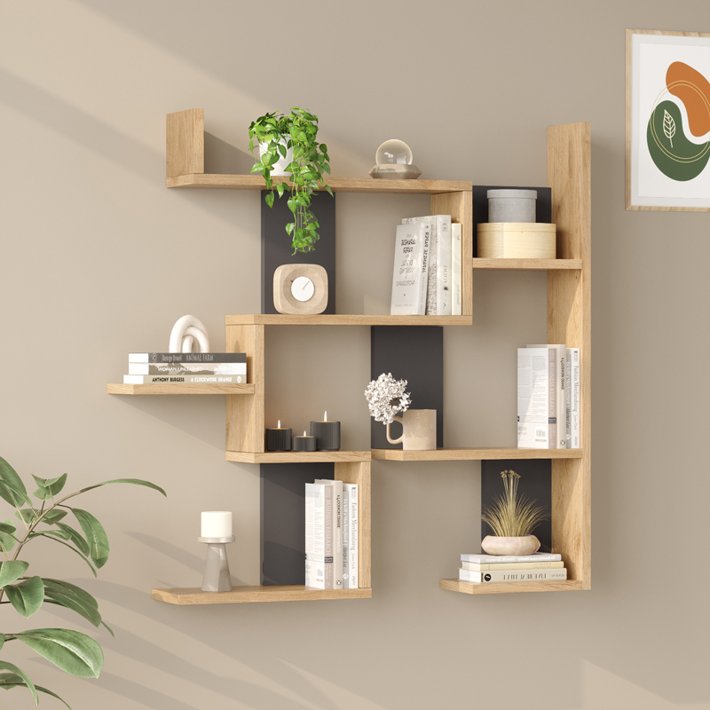 product_pako_176-000240 Ραφιέρα τοίχου Maze oak με ανθρακί 93,3x14,5x90εκ - Image 1