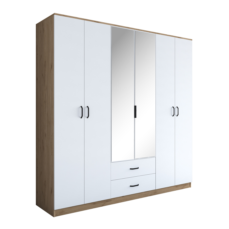 product_pako_182-000093 Ντουλάπα ανοιγόμενη με καθρέπτη Wakro λευκό-καρυδί μελαμίνης 210x51.5x210εκ - Image 1