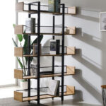 Βιβλιοθήκη Musha μέταλλο μαύρο με oak απόχρωση 120x27x185εκ