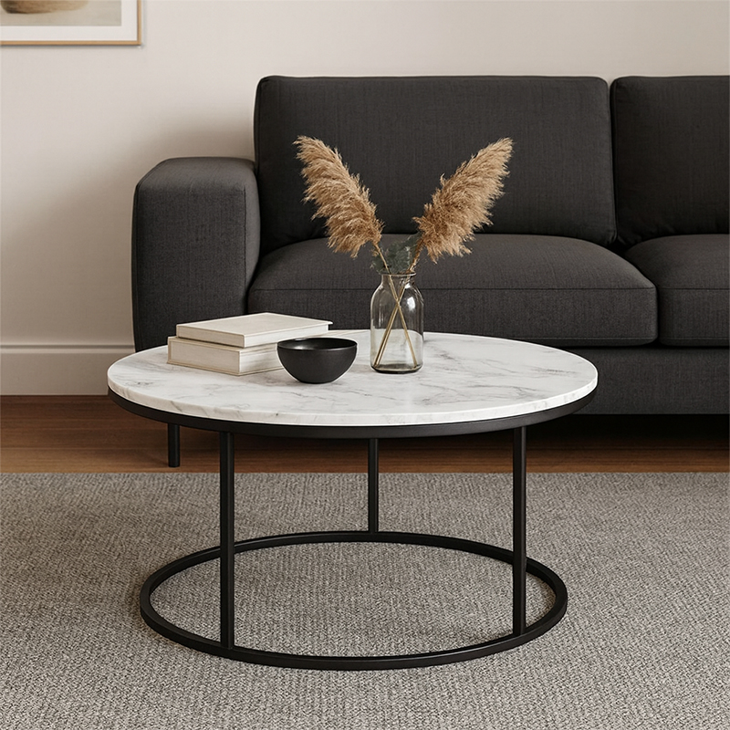 product_pako_197-000329 Τραπέζι σαλονιού Sikele λευκή όψη μαρμάρου και μαύρα μεταλλικά πόδια Φ60x40εκ - Image 1