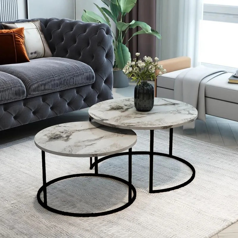 product_pako_197-000332 Τραπέζια σαλονιού Solme 2τεμ λευκή όψη μαρμάρου με μαύρα μεταλλικά πόδια - Image 1
