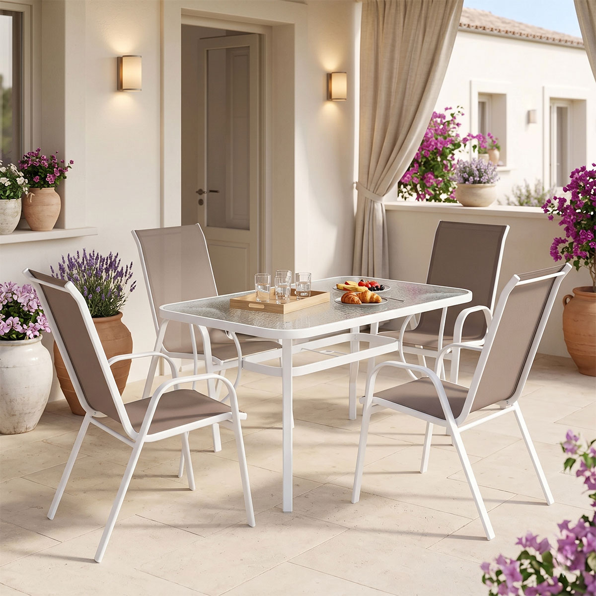 product_pako_200-000314 Τραπεζαρία Ensure-Calan I σετ 5τεμ μέταλλο λευκό-καφέ textilene 120x70x70εκ - Image 1