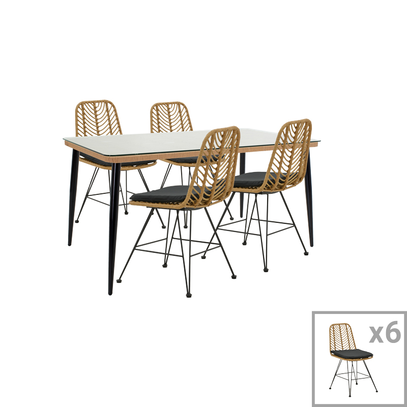 product_pako_200-000757 Τραπεζαρία Naoki D σετ 7 τμχ rattan φυσικό-μαύρο μέταλλο-γυαλί 160x90x78εκ - Image 1
