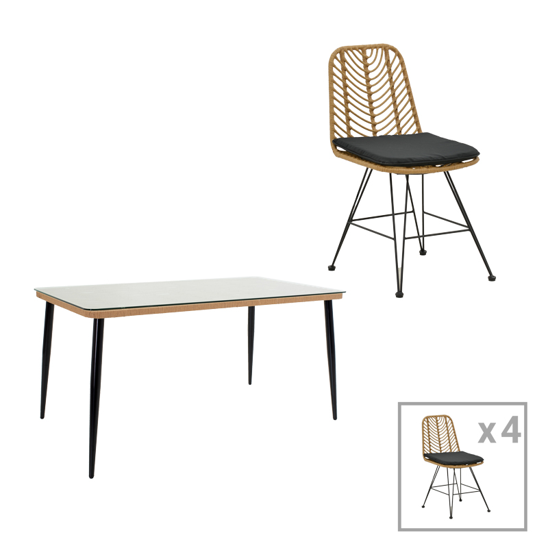 product_pako_200-000758 Τραπεζαρία Naoki E σετ 5 τμχ rattan φυσικό-μαύρο μέταλλο-γυαλί 160x90x78εκ - Image 1