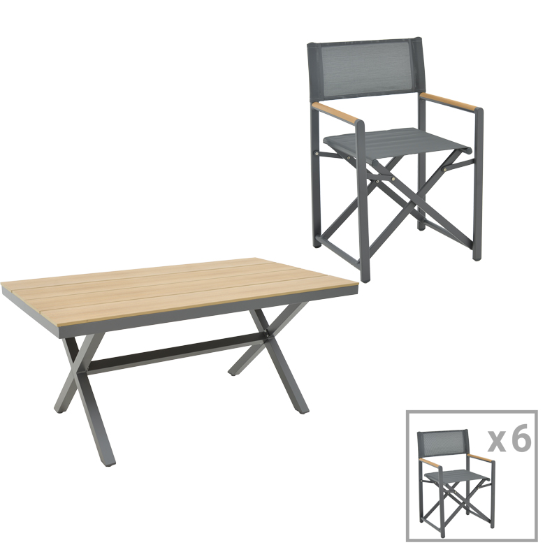 product_pako_200-000775 Τραπεζαρία Mabu-Thorio σετ 7τεμ ανθρακί αλουμίνιο και plywood σε φυσική απόχρωση 160x90x75εκ - Image 1