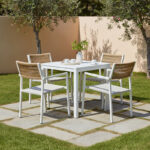 Τραπεζαρία Savor-Kliton σετ 5τεμ λευκό αλουμίνιο και rattan σε φυσικό χρώμα 80x80x74εκ