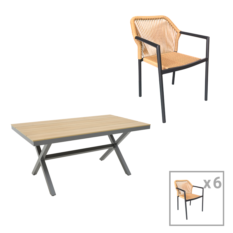 product_pako_200-000819 Τραπεζαρία Thorio-Lush σετ 7τεμ ανθρακί αλουμίνιο και plywood σε φυσική απόχρωση 160x90x75εκ - Image 1