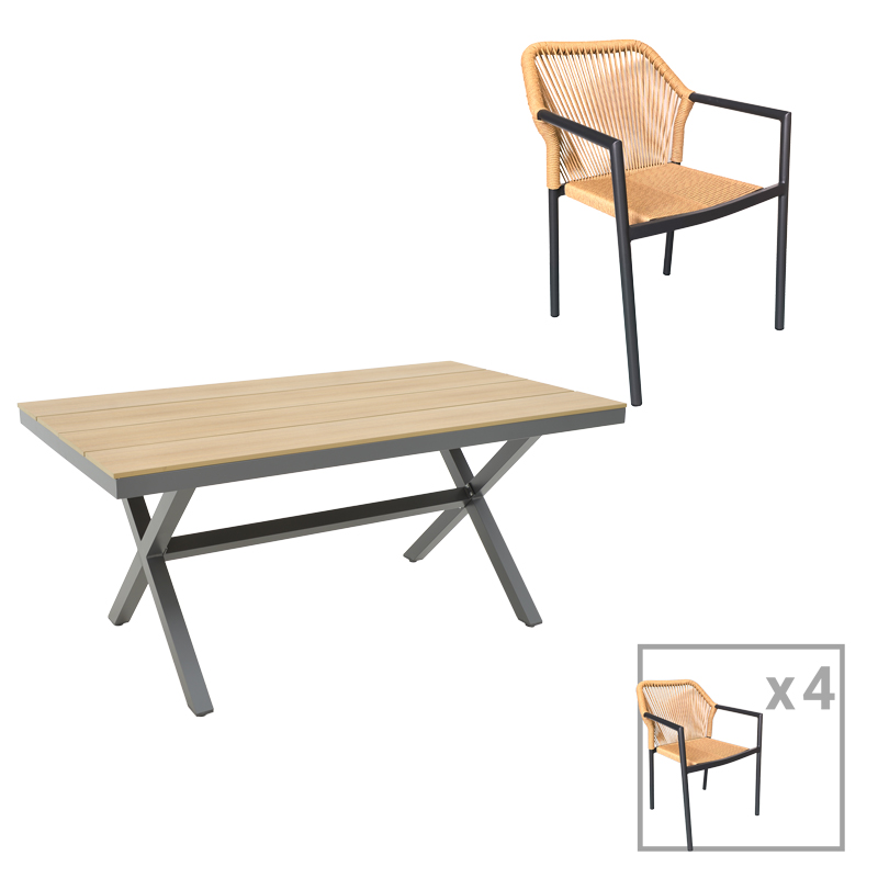 product_pako_200-000821 Τραπεζαρία Thorio-Lush σετ 5τεμ ανθρακί αλουμίνιο και plywood σε φυσική απόχρωση 160x90x75εκ - Image 1