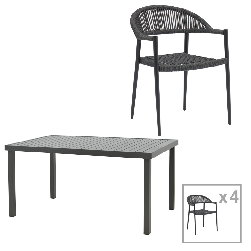 product_pako_200-000848 Τραπεζαρία Freiburg-Kliton A σετ 5τεμ αλουμινίου και σχοινί σε ανθρακί απόχρωση 150x80x74εκ - Image 1