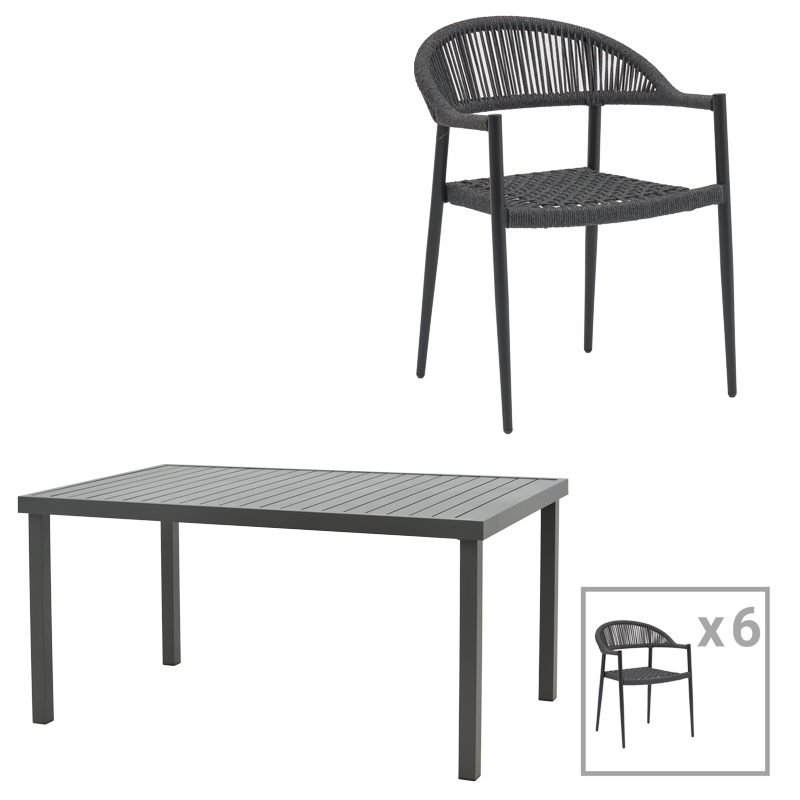 product_pako_200-000850 Τραπεζαρία Freiburg-Kliton A σετ 7τεμ αλουμινίου και σχοινί σε ανθρακί απόχρωση 150x80x74εκ - Image 1