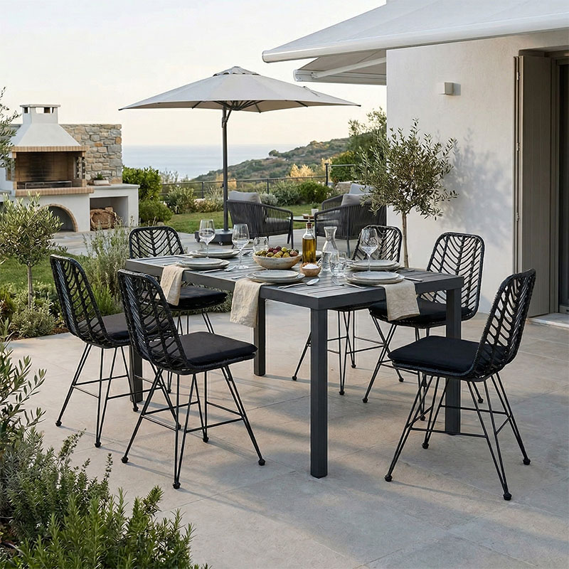 product_pako_200-000884 Τραπεζαρία Naoki-Kliton II σετ 7τεμ ανθρακί αλουμίνιο και pe rattan σε μαύρη απόχρωση 150x80x74εκ - Image 1