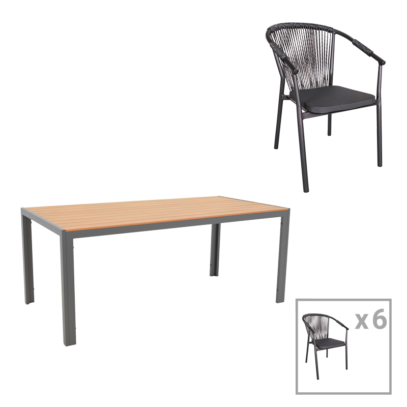 product_pako_200-000902 Τραπεζαρία Nares-Convince σετ 7τεμ ανθρακί αλουμίνιο και plywood σε φυσική απόχρωση 180x90x72.5εκ - Image 1