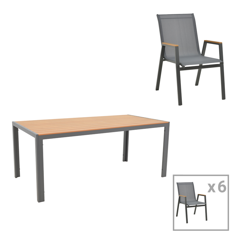 product_pako_200-000912 Τραπεζαρία Nares-Azelie σετ 7τεμ ανθρακί αλουμίνιο και plywood σε φυσική απόχρωση 180x90x72.5εκ - Image 1