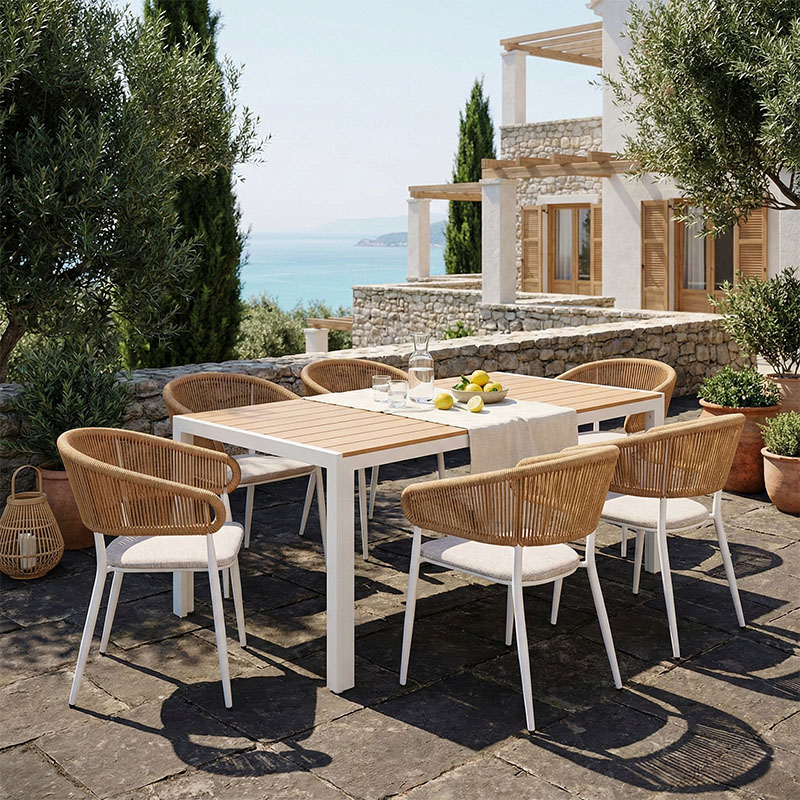 product_pako_200-000932 Τραπεζαρία Nares-Raven B σετ 7τεμ λευκό αλουμίνιο και plywood σε φυσική απόχρωση 180x90x72.5εκ - Image 1