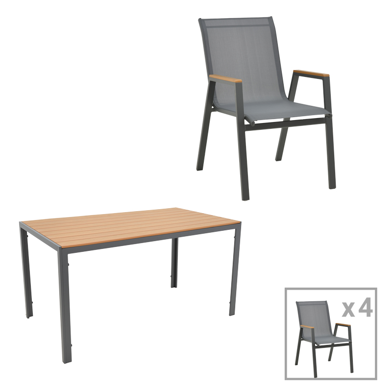 product_pako_200-000953 Τραπεζαρία Nares-Azelie C σετ 5τεμ ανθρακί αλουμίνιο και textilene με plywood σε φυσικό χρώμα 140x80x72.5εκ - Image 1